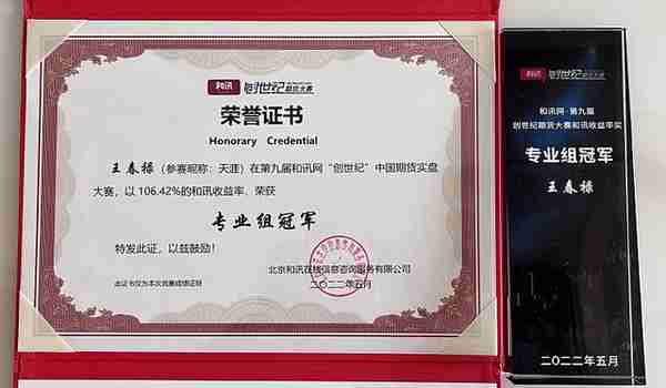 王春禄老师最新获奖，500万以上账户半年翻倍